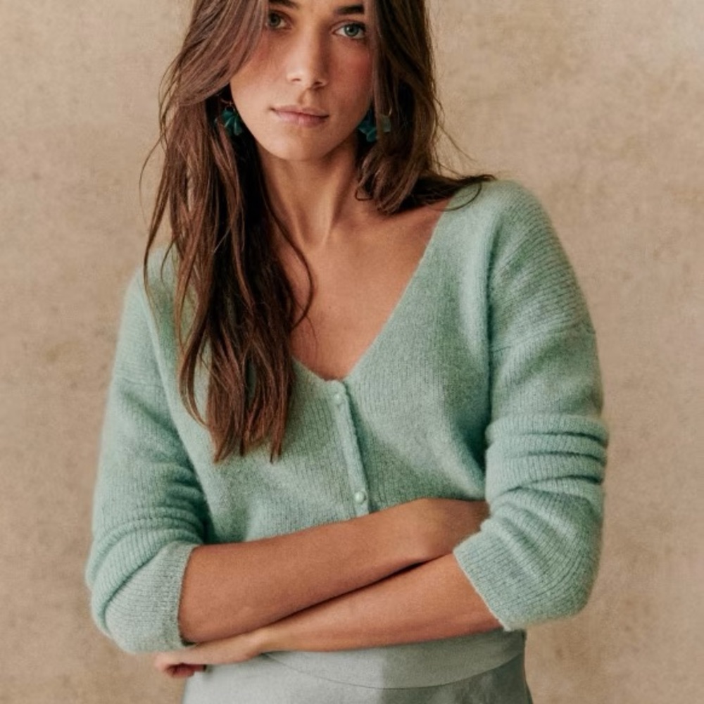 Sesame Barry Cardigan V-Neck Soft Knit Sweater - Sea Green